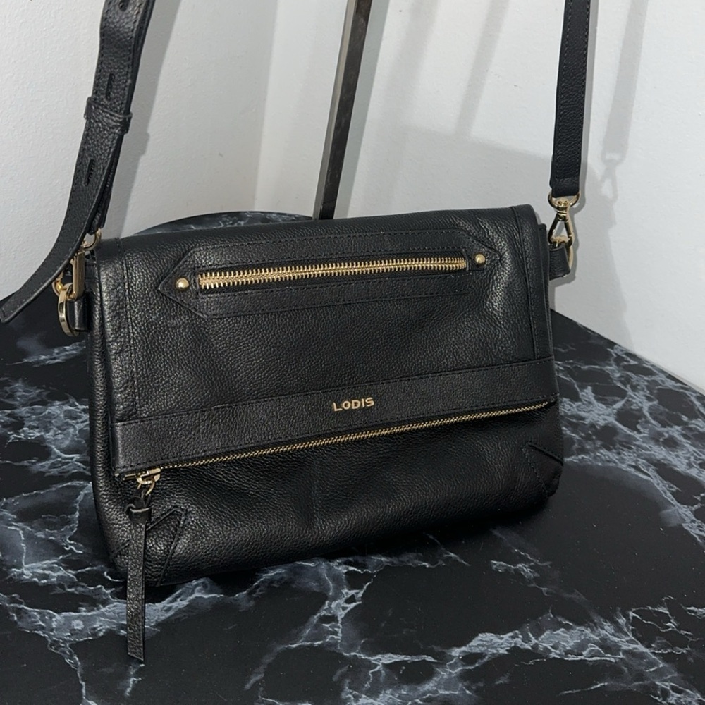 LODIS Daria Fold Over Crossbody Leather Handbag Black Purse AUTHENTIC